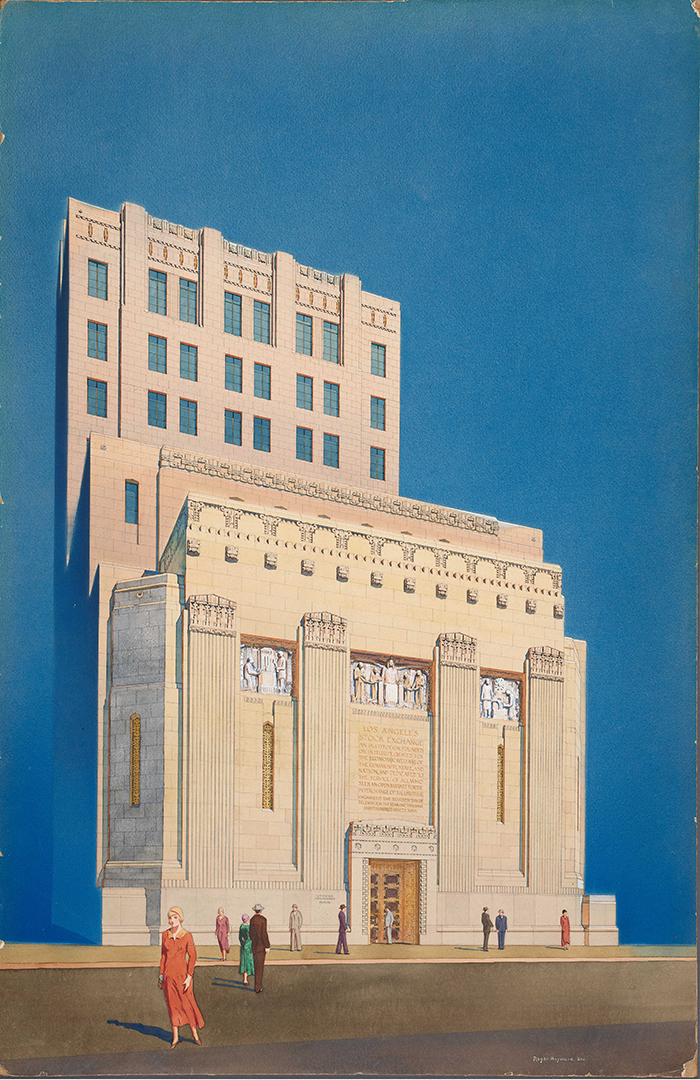 Roger Hayward (1899–1979), renderer, Los Angeles Stock Exchange, façade, ca. 1929. Samuel E. Lunden (1897–1995), architect, John Parkinson (1861–1935) and Donald Parkinson (1895–1945), consulting architects. Watercolor over graphite on illustration board, 39 x 25 1/2 inches. © Courtesy of Dr. James and Mrs. Miriam Kramer, 2018. The Huntington Library, Art Collections, and Botanical Gardens.