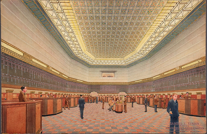 Roger Hayward (1899–1979), renderer, Los Angeles Stock Exchange, interior of trading room floor, ca. 1929. Samuel E. Lunden (1897–1995), architect, John Parkinson (1861–1935) and Donald Parkinson (1895–1945), consulting architects. Watercolor over graphite on illustration board, 25 1/2 x 39 inches. © Courtesy of Dr. James and Mrs. Miriam Kramer, 2018. The Huntington Library, Art Collections, and Botanical Gardens.