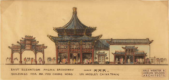 Erle Webster (1898–1971) and Adrian Wilson (1898-1988), architects, Buildings for Mr. You Chung Hong, Los Angeles Chinatown, East elevation facing Broadway, ca. 1936–37. Colored pencil and pastel on tracing paper, 17 1/2 x 13 1/2 inches. © Courtesy of Jane Wilson Higley, 2018. The Huntington Library, Art Collections, and Botanical Gardens.