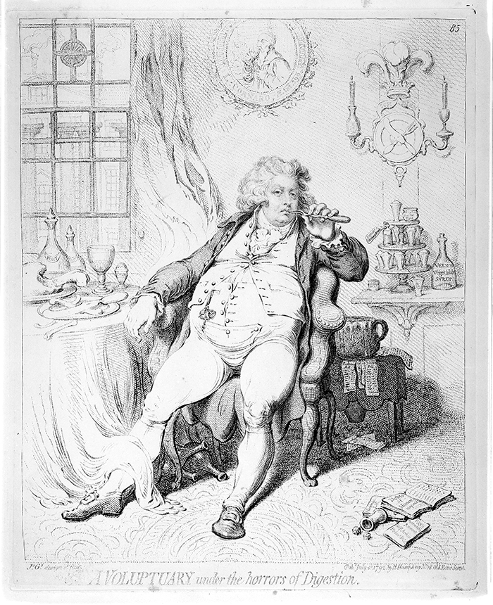 James Gillray, A Voluptuary Under the Horrors of Digestion, London, 1792. This satirical image of an obese George, Prince of Wales and later King George IV, evokes the indulgence of the metropolitan elite during the late 18th century. The Huntington Library, Art Collections, and Botanical Gardens.