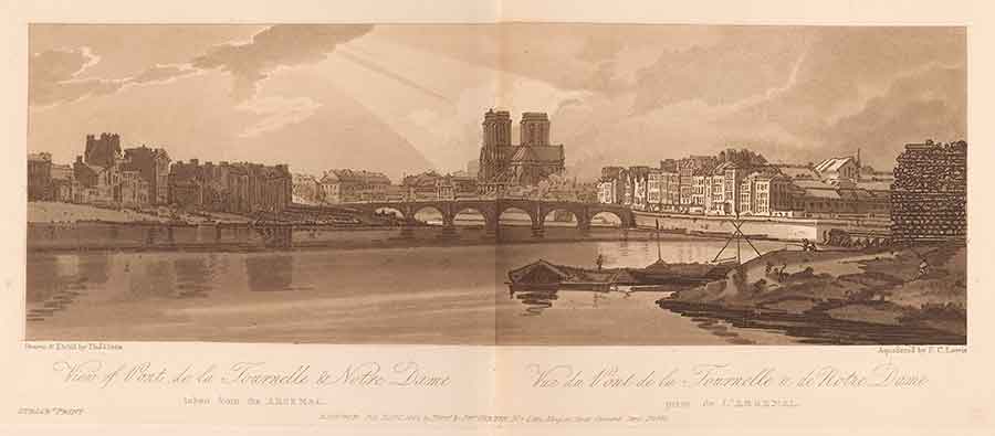 Thomas Girtin, “View of Pont de la Tournelle and Notre Dame,” etching and aquatint, plate 11 from A selection of twenty of the most picturesque views in Paris, and its environs drawn and etched in the year 1802 . . . and aquatinted in exact imitation of the original drawings (London: M.A. & J. Girtin, 1803). The Huntington Library, Art Collections, and Botanical Gardens.