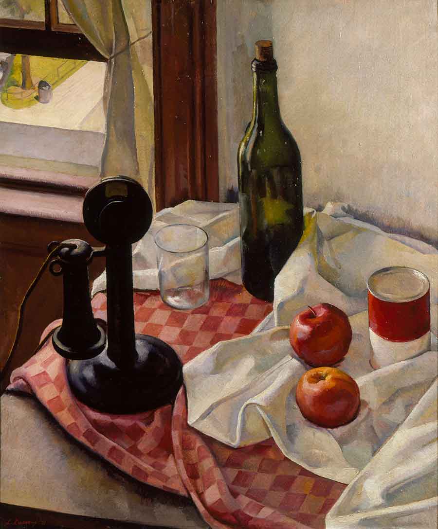 Luigi Lucioni, Still Life with Telephone, 1926, oil on board, 24 x 20 in. (61 x 50.8 cm.). Purchased with funds from the Art Collectors’ Council and the Virginia Steele Scott Foundation. The Huntington Library, Art Museum, and Botanical Gardens.