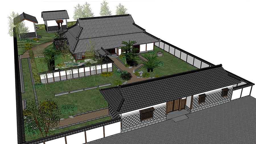 Artist’s rendering of the reconstruction, with the original shoya residence in the center, two kura storehouses at the rear, and recreations of the gatehouse and interior garden. The anticipated public opening date is Fall 2022.