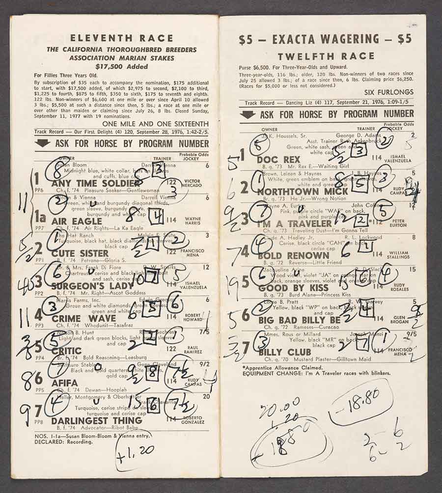 Racing form for Los Angeles County Fair in Pomona, California, September 19, 1977, annotated by Charles Bukowski. The Huntington Library, Art Museum, and Botanical Gardens.