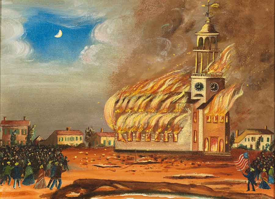 The Burning of the Old South Church in Bath, Maine by John Hilling, ca. 1854, oil on canvas, 21 1/2 x 27 3/8 x 2 1/8 in. (54.6 x 69.5 x 5.4 cm.). Jonathan and Karin Fielding Collection. The Huntington Library, Art Museum, and Botanical Gardens.