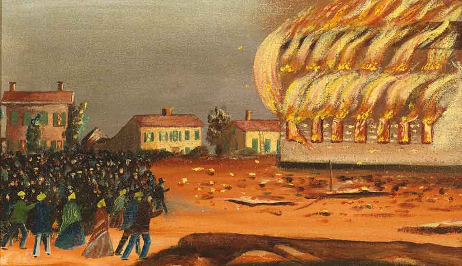 “[T]he shouting and yelling of the multitude, above fifteen hundred in number, could be distinctly heard at a distance of a mile,” the New York Daily Times reported on July 11, 1854. Detail from The Burning of the Old South Church in Bath, Maine by John Hilling, ca. 1854, oil on canvas, 21 1/2 x 27 3/8 x 2 1/8 in. (54.6 x 69.5 x 5.4 cm.). Jonathan and Karin Fielding Collection. The Huntington Library, Art Museum, and Botanical Gardens.