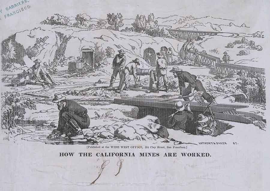 The letter sheets that depicted gold mining in all its permutations emphasized certain common features that characterized that occupation throughout its early years. Above all, they highlighted the staggering amount of physical labor required. Even the simplest means of mining demanded constant bending, shoveling, hauling and pulling to extract even the tiniest amount of precious metal, leading many miners to compare themselves wryly or bitterly to ditch diggers and brick layers as they suffered aches and pains and illnesses they had never associated with fortune hunting. The Huntington Library, Art Museum, and Botanical Gardens.