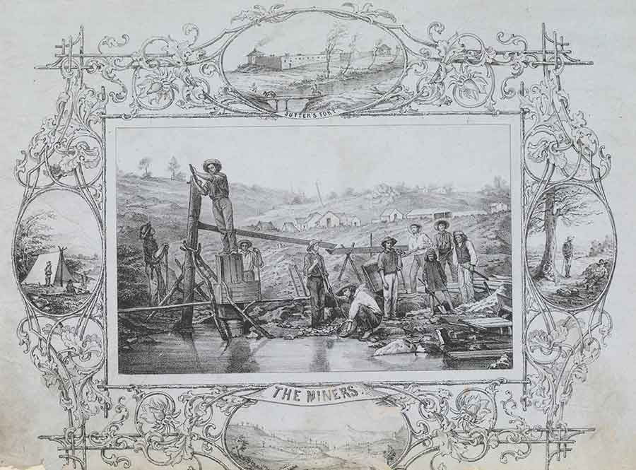 Building upon the success of such hand-operated devices as the cradle and the rocker in “washing” tiny scraps of gold out of mounds of dirt, some miners recruited laborers, such as this group of Euro-Americans and Native Americans, to erect lengthy wooden chutes, known as “sluices.” Racing downhill through the sluices, water diverted from creeks, streams, or rivers would wash away mounds of earth shoveled into the water’s course, leaving behind the golden scraps. The Huntington Library, Art Museum, and Botanical Gardens.