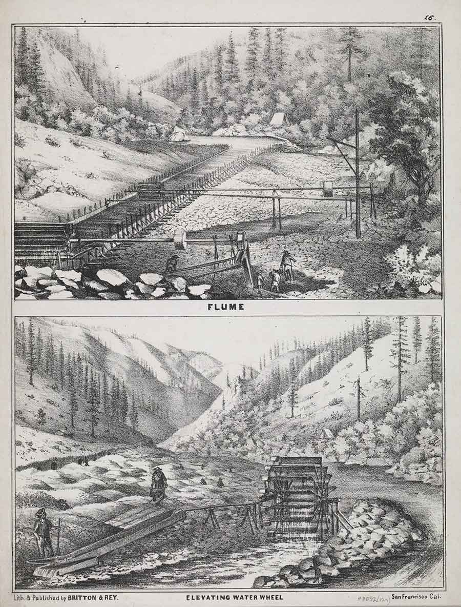 Elaborating upon the application of running water to gold-bearing soil, some ambitious miners constructed large wooden channels, known as “flumes,” to carry great quantities of water to gold mining sites. Surging through those artificial waterways with great force, the resulting torrents spun wheels, turned axles, and ran pulleys to replace muscle power with its mechanical equivalent. The Huntington Library, Art Museum, and Botanical Gardens.