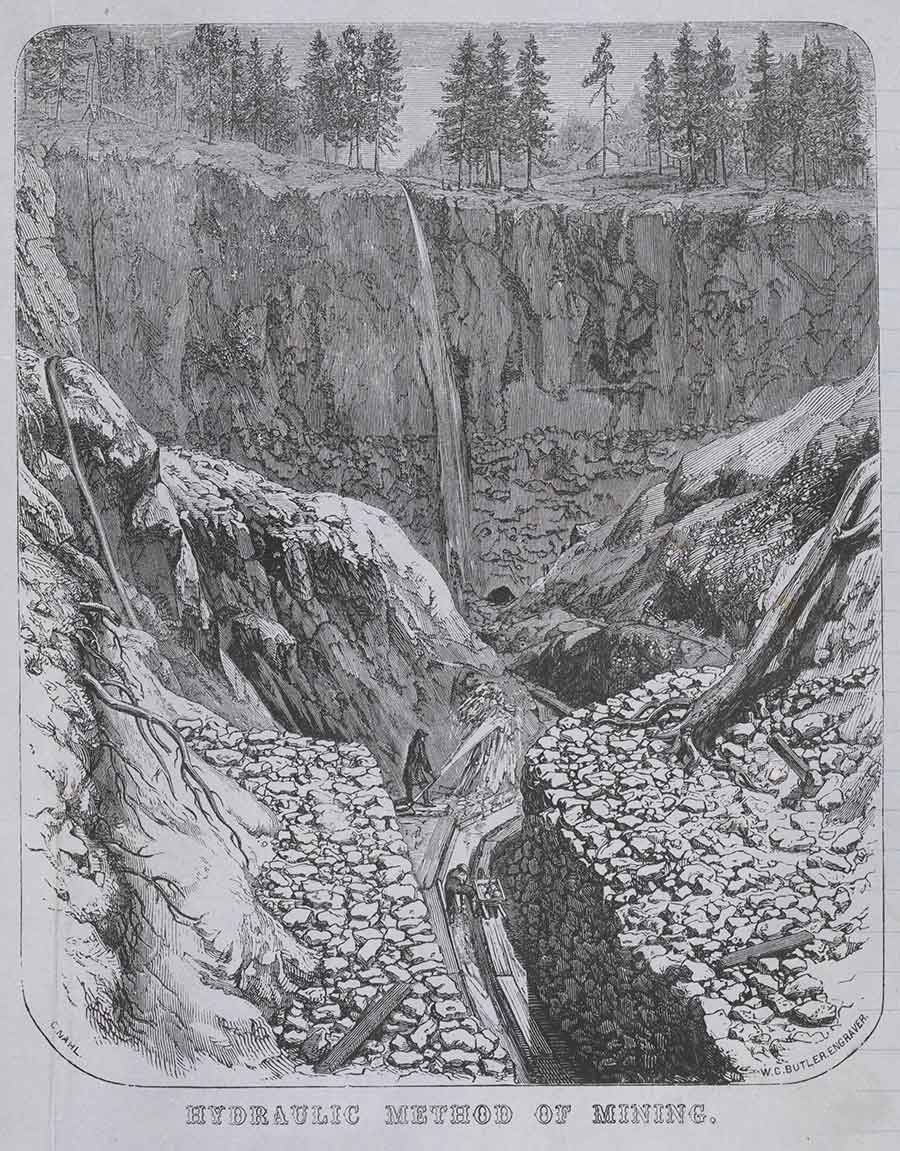 Perhaps the most significant innovation proved to be the procedure known as “hydraulic mining.” Directed into increasingly narrow channels, then forced into canvas hoses, and finally released through iron nozzles, high-pressure jets of water blasted away entire hillsides, washing tons of earth in a day through wooden sluices that captured the fragmentary remains of gold deposits. The resulting massive debris flows, however, choked waterways and obliterated farmlands for decades. The Huntington Library, Art Museum, and Botanical Gardens.