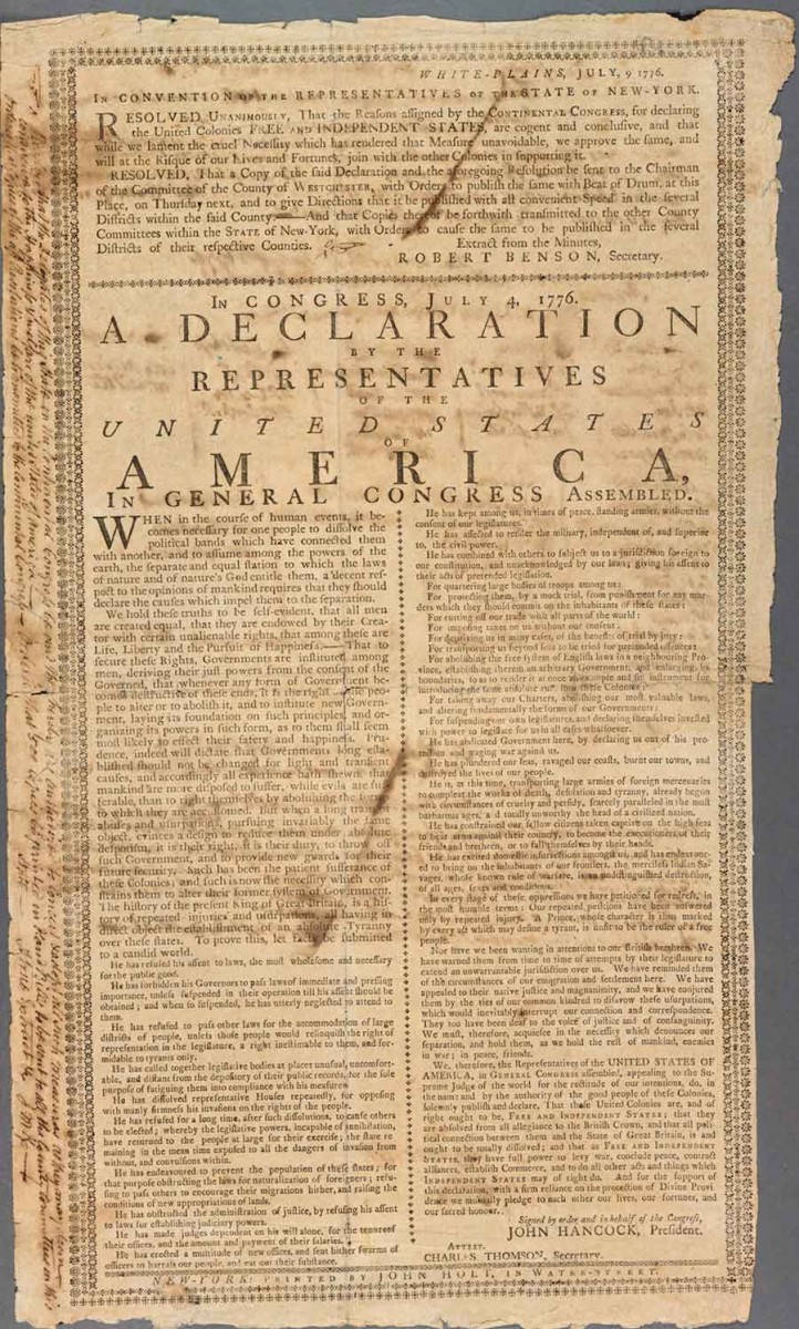 Declaration of Independence, New York: Printed by John Holt, in Water-Street, 1776. The Huntington Library, Art Museum, and Botanical Gardens.