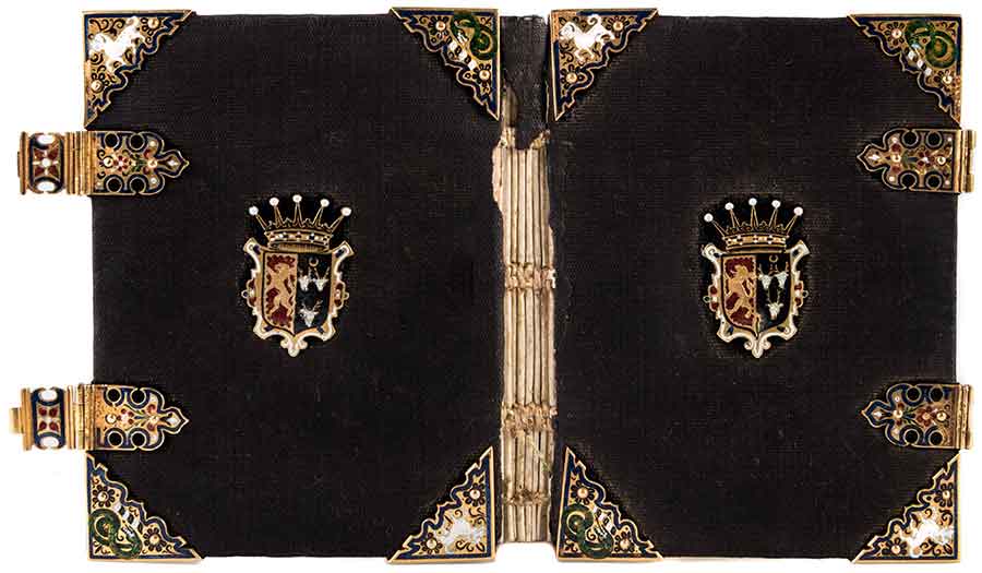 Scribal copy of the Catholic Manual of prayers (n.p., 1583), bound in black velvet and solid gold binding furniture, with champlevé enamel depicting the arms of the Catholic Gilbert and Mary Talbot, 7th Earl and Countess of Shrewsbury. Purchased by the Library Collectors’ Council. The Huntington Library, Art Museum, and Botanical Gardens.