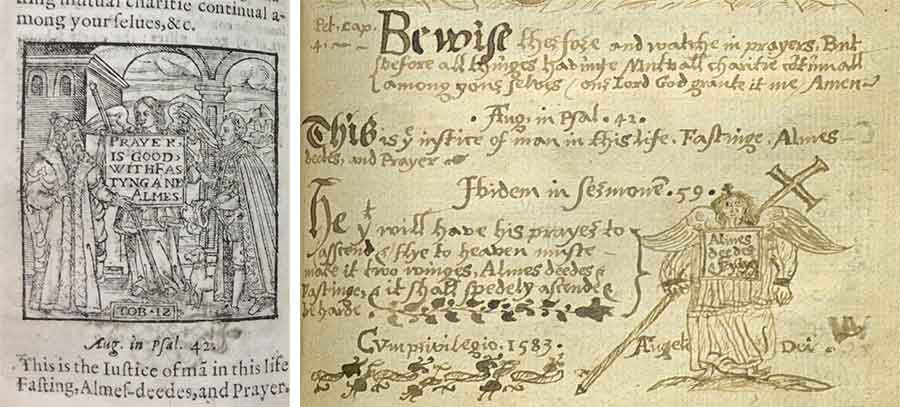 Left: A manual of prayers newly gathered out of many and diuerse famous authors (n.p., 1583), one of three extant copies, Gonville & Caius College Library, Cambridge University. Right: Elizabethan Catholic scribal adaptation of the same text and image, Oscott College Library.