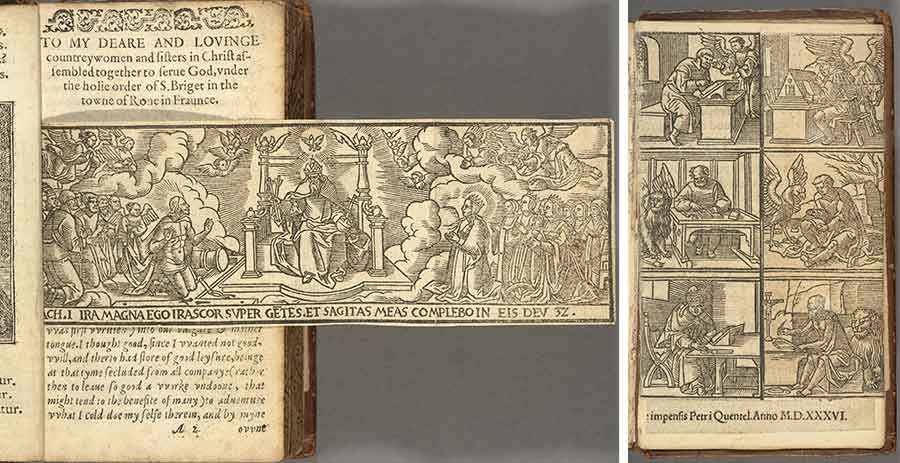 Left and right: Diego de Estella, The contempte of the world, and the vanitie thereof (Rouen, 1584), one of 13 known copies, this one uniquely extra-illustrated with woodcut engravings cut from an imprint issued from the Cologne press of Peter Quentell decades earlier in 1536. The Huntington Library, Art Museum, and Botanical Gardens.