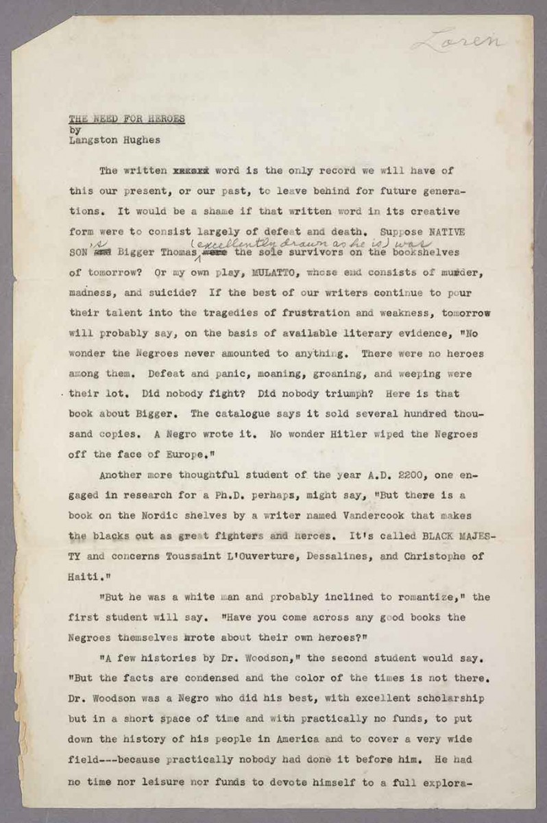 Corrected draft of “The Need for Heroes,” an essay by Langston Hughes. The Huntington Library, Art Museum, and Botanical Gardens.