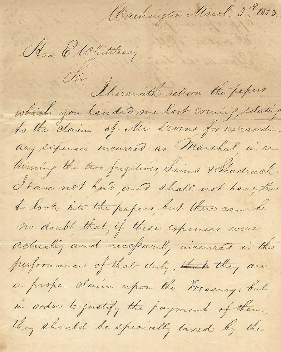 Millard Fillmore (1800–1874), first page of a letter to Elisha Whittlesey (1783–1863), First Comptroller of the United States Treasury, March 3, 1863. Denis L. Shapiro Collection. The Huntington Library, Art Museum, and Botanical Gardens.