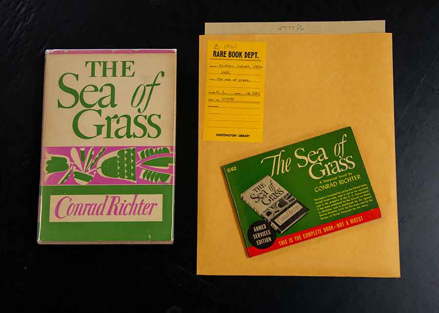 The colorful original cover artwork of Conrad Richter’s Sea of Grass (left) is reproduced in monochrome on the cover of the standard layout of the Armed Services Edition of the same work (right). The Huntington Library, Art Collections, and Botanical Gardens. Photo by Deborah Miller.