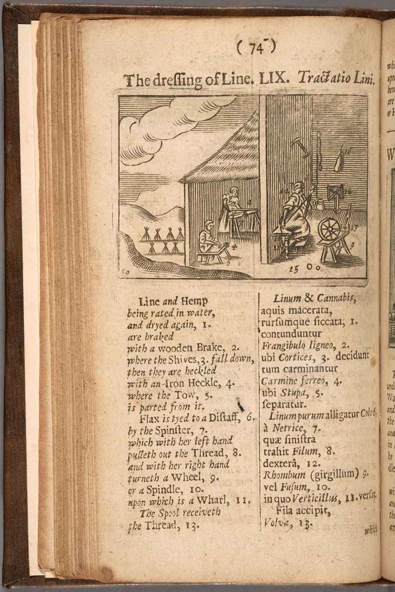 A page from a 1705 edition of the children’s textbook Orbis Sensualium Pictus (Visible World in Pictures), by Johann Amos Comenius, 1592–1670. The illustrations depict the processing of flax. The Huntington Library, Art Museum, and Botanical Gardens. 