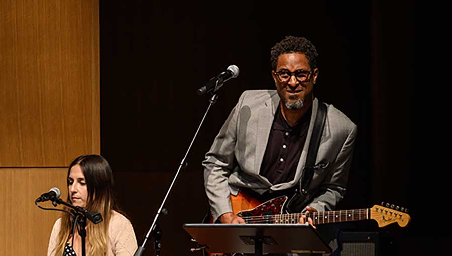 Ramona Gonzalez and Dexter Story (along with Miguel Atwood Ferguson, not pictured) perform Story’s rearrangement of Harold Bruce Forsythe’s “Flute of Marvel” in Rothenberg Hall. The performance was part of an event that launched The Huntington’s Centennial Celebration on September 5, 2019. Photo by Jamie Pham. 