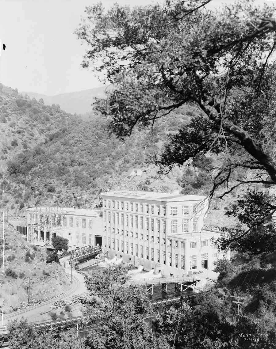 The Big Creek powerhouse, as it appeared on July 19, 1928. The Huntington Library, Art Collections, and Botanical Gardens.