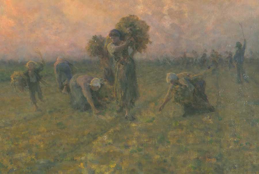 Where the planted rows converge at the horizon, behind this group of six gleaners, the harvesters walk away as they leave the field. Perhaps the man on the far right has raised his stick to signal the end of the workday. Jules Adolphe Aimé Louis Breton, detail of The Last Gleanings, 1895, oil on canvas, 36 1/2 x 55 in. (92.7 x 139.7 cm.). The Huntington Library, Art Museum, and Botanical Gardens.