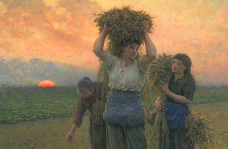 These three women represent the three ages of humankind—youth, maturity, and old age. Jules Adolphe Aimé Louis Breton, detail of The Last Gleanings, 1895, oil on canvas, 36 1/2 x 55 in. (92.7 x 139.7 cm.). The Huntington Library, Art Museum, and Botanical Gardens.