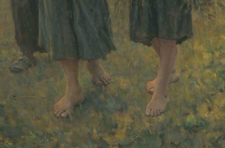Viewers might not recognize the poverty of the female gleaners if it were not for their bare feet. Jules Adolphe Aimé Louis Breton, detail of The Last Gleanings, 1895, oil on canvas, 36 1/2 x 55 in. (92.7 x 139.7 cm.). The Huntington Library, Art Museum, and Botanical Gardens.