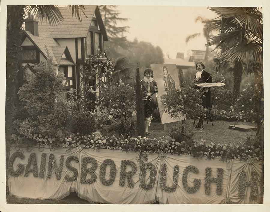In 1928, a commercial float designed by J. T. Edwards advertised the new “Gainsborough Heath” residential subdivision in San Marino. The float, and the subdivision, were inspired by The Huntington’s British art collections. Edwards rode the float dressed as Thomas Gainsborough, and his daughter Honey portrayed The Blue Boy. J. T. Edwards Photograph Collection. The Huntington Library, Art Museum, and Botanical Gardens.
