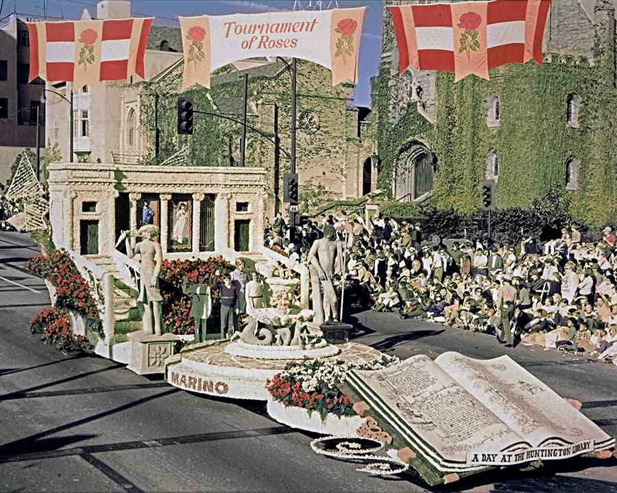 Legendary float builder Isabella Coleman designed the 1969 float that marked The Huntington’s 50th anniversary. The 55-foot-long entry won the Grand Marshal’s trophy for exceptional merit in a noncommercial entry. The Huntington Library, Art Museum, and Botanical Gardens.