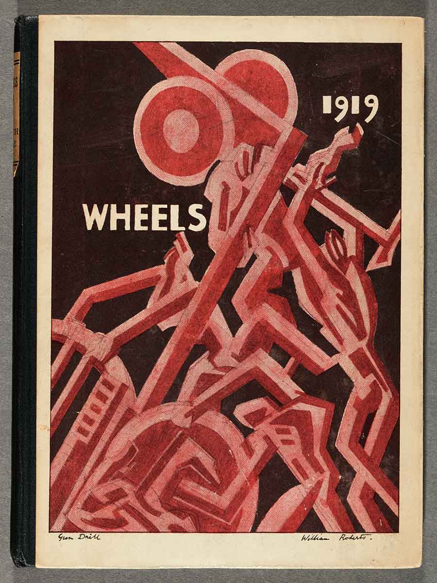 William Roberts, “Gun Drill,” cover illustration for the modernist poetry anthology Wheels 1919, edited by Edith Sitwell. Roberts, a British artist associated with the Vorticist movement, served as a gunner in World War I. The Huntington Library, Art Museum, and Botanical Gardens.