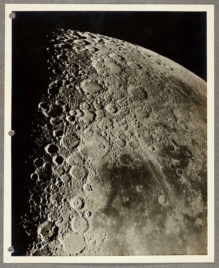 South Central Portion of the Moon at Last Quarter, Made with 100-inch Reflector, September 15, 1919, gelatin silver print, 9 1/2 x 7 1/2 in. The Huntington Library, Art Museum, and Botanical Gardens.