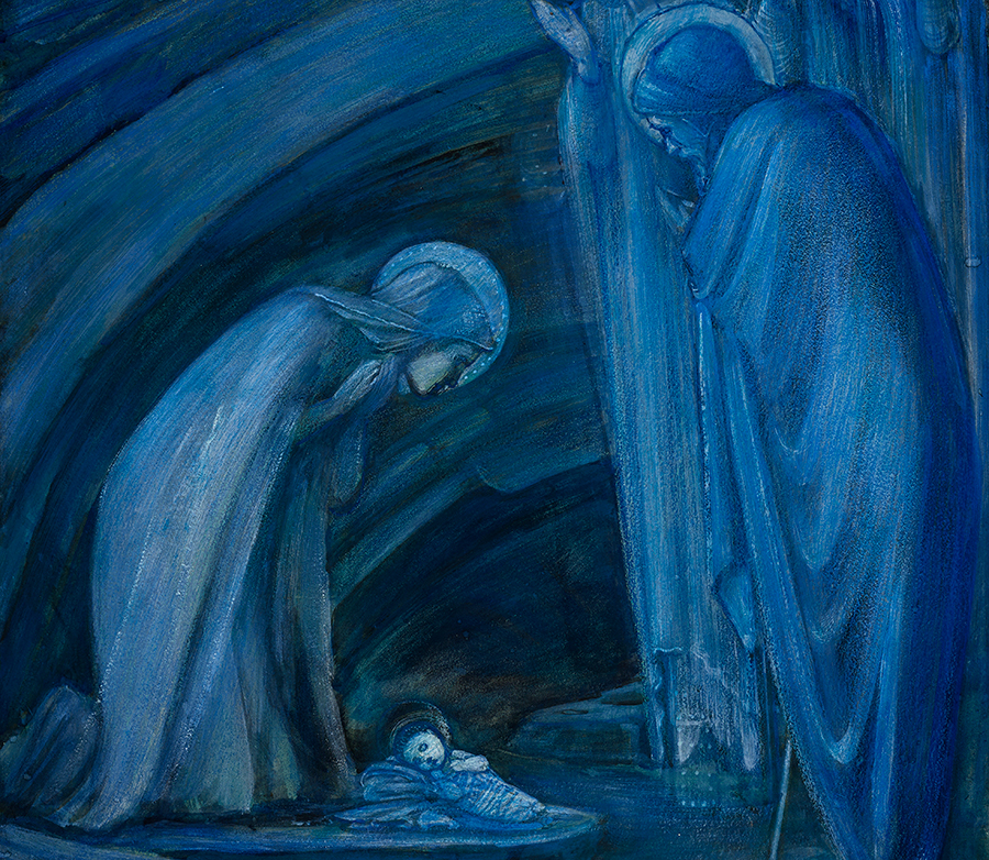 Detail of the lower portion of The Nativity, by Edward Coley Burne-Jones (1833–1898), in which Mary, Joseph, and a small group of angels gaze at the infant Jesus in wonderment. The Huntington Library, Art Collections, and Botanical Gardens.