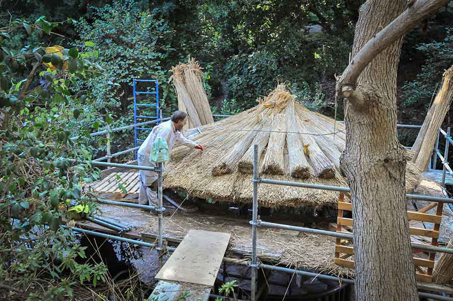 The art of thatching requires carefully placing reeds in layers so the roof becomes insulating and water resistant. Photo by Andrew Mitchell.