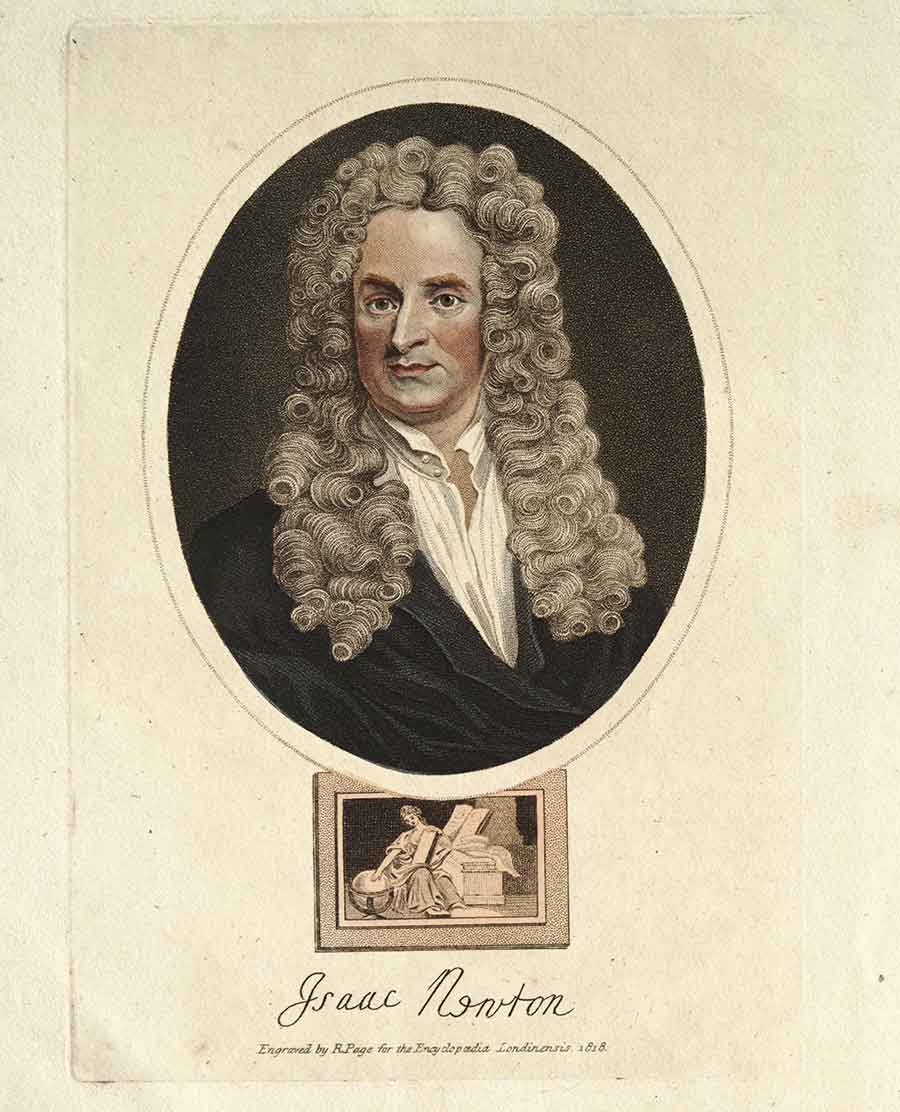 Illustration of Isaac Newton (1643–1727) in Encyclopaedia Londinensis, or Universal dictionary of arts, sciences & literature . . . compiled, digested, and arranged by John Wilkes . . . assisted by eminent scholars, London, Adlard, 1810–29. The Grace K. Babson Collection of the Works of Sir Isaac Newton at The Huntington Library, Art Museum, and Botanical Gardens.