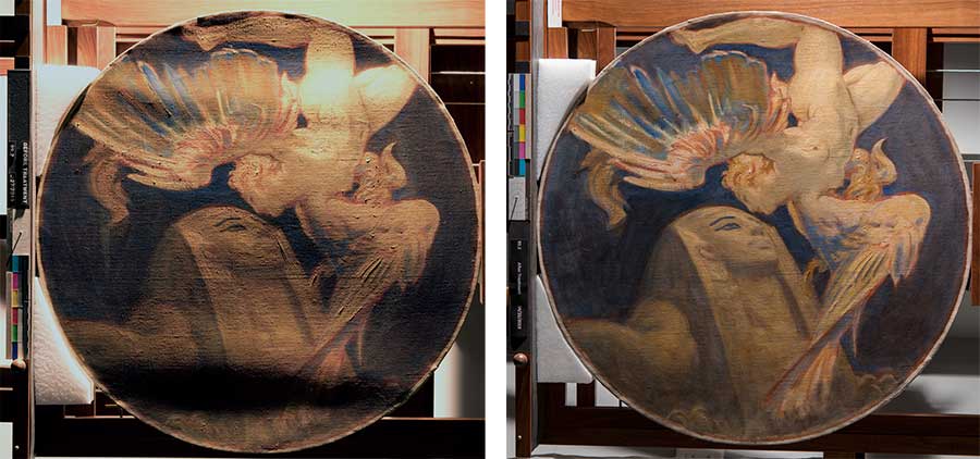 The painting as it appeared in raking light before treatment (left) and after treatment (right). 