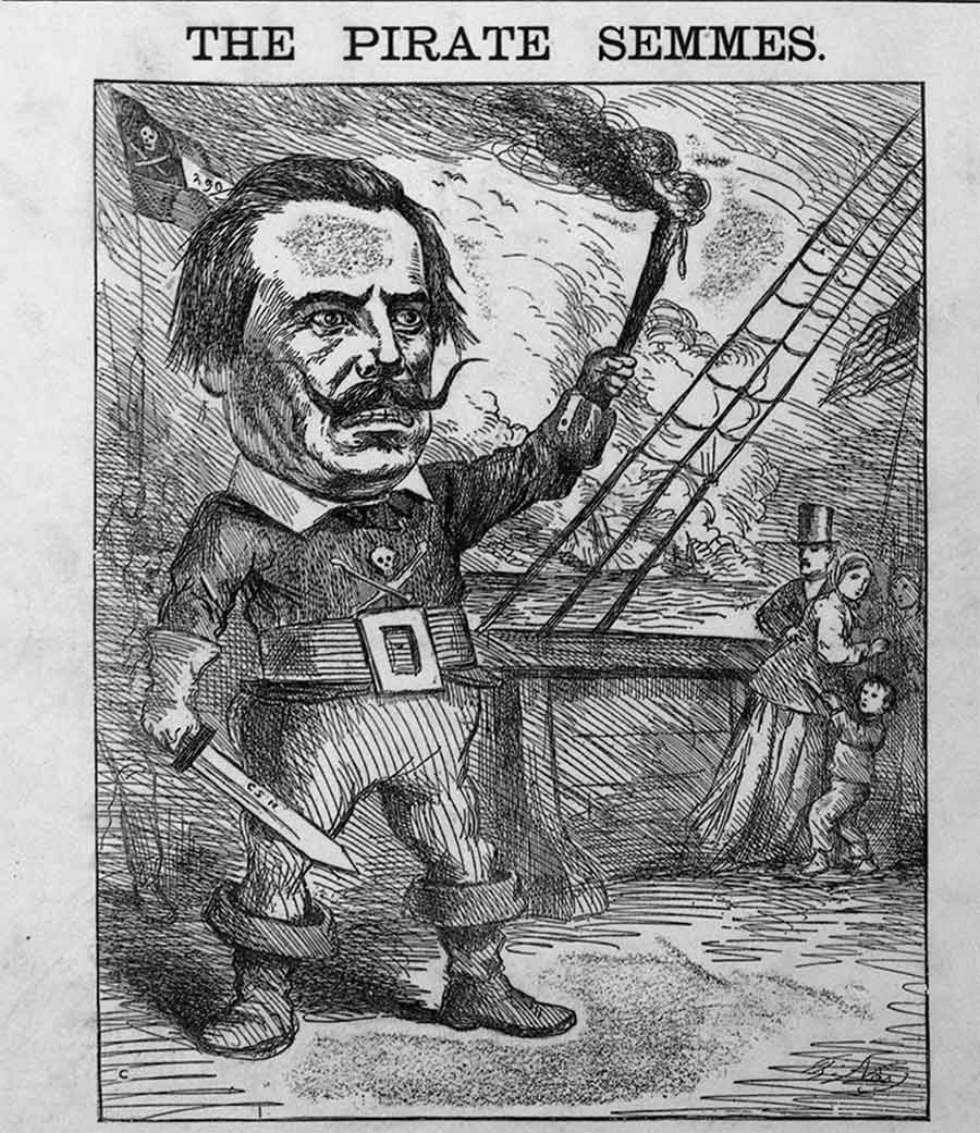 Thomas Nast (1840–1902), detail from Leaders of the Democratic Party, 1868, one print: wood-engraving with letterpress on wove paper, 89.7 x 54 cm (sheet). Library of Congress Rare Book and Special Collections Division, Washington, D.C. During an election year, Nast portrayed this prominent figure in the Democratic party, Confederate admiral Raphael Semmes (1809–1877), as a pirate, wielding a knife in one hand and holding aloft a flaming torch in the other. Semmes was the scourge of Union shipping during the Civil War. Under his command, the Alabama, a British-built ship, captured 62 merchant vessels, most of which were burned. Image courtesy of the Library of Congress.