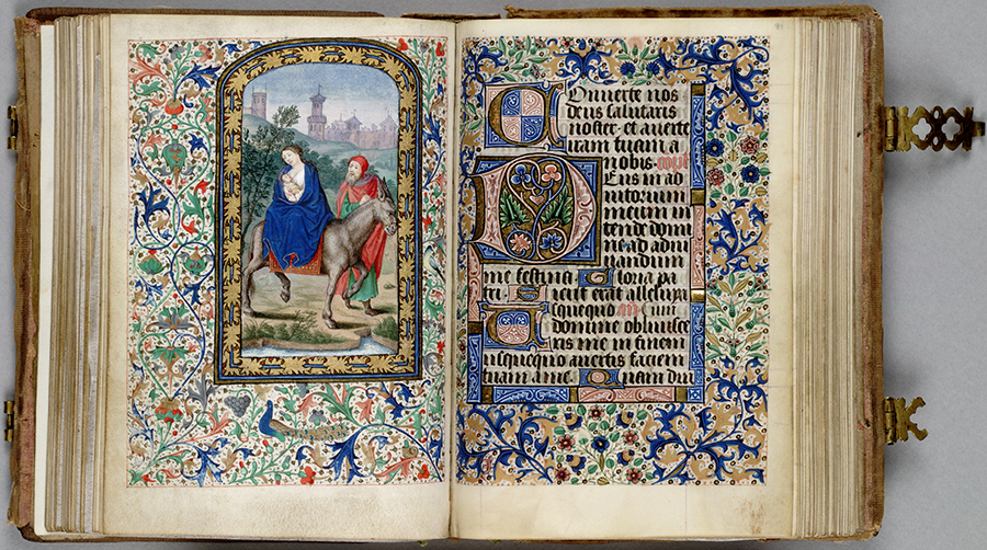 Flight into Egypt, Huntington Manuscript 1200, folios 80 verso and 81. The Huntington Library, Art Collections, and Botanical Gardens.