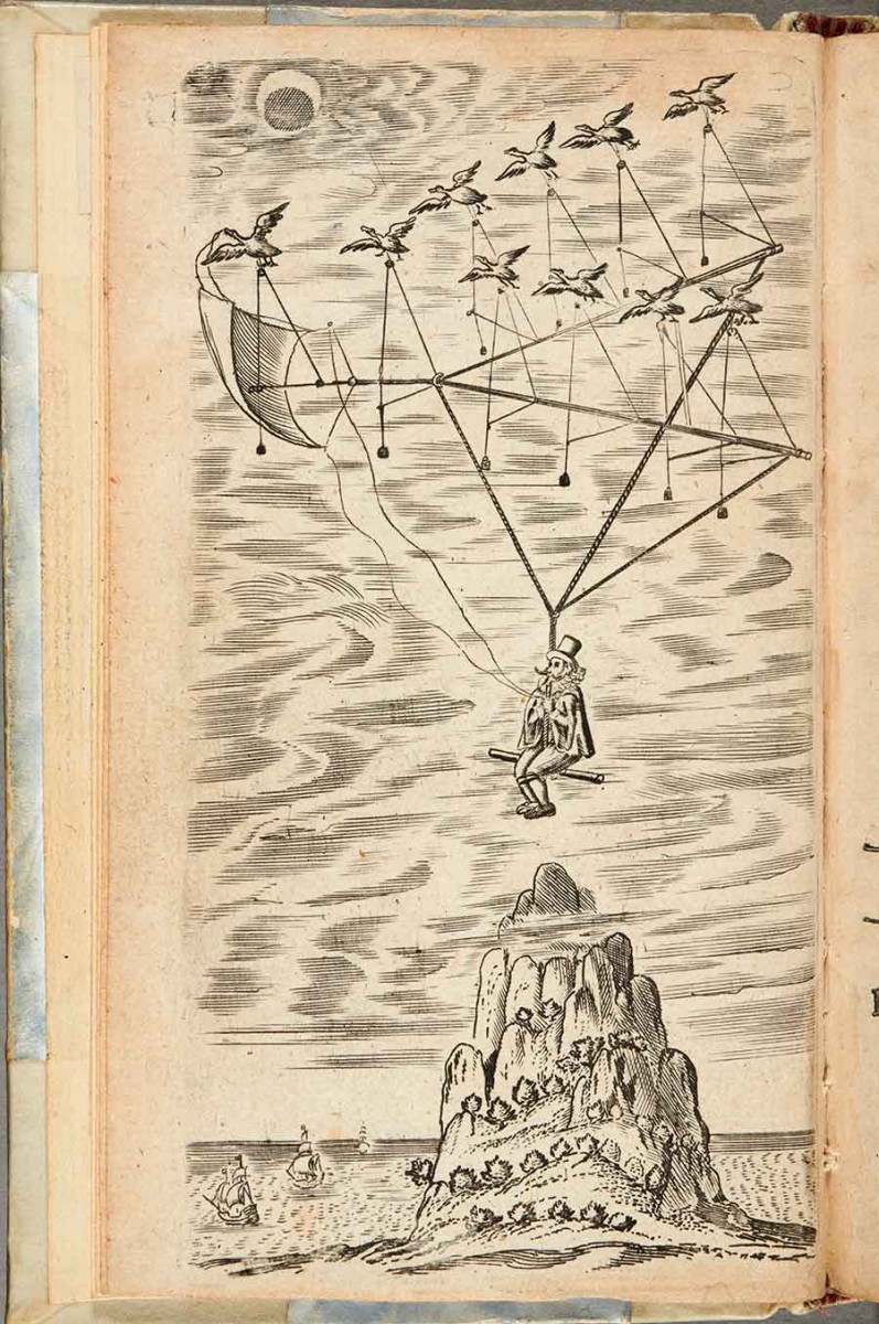 Picture of a flying machine, powered by geese, in Francis Godwin’s The Man in the Moone, 1657, one of the books read by the lunatic Doctor Baliardo in Aphra Behn’s play The Emperor of the Moon, 1687. The Huntington Library, Art Museum, and Botanical Gardens.