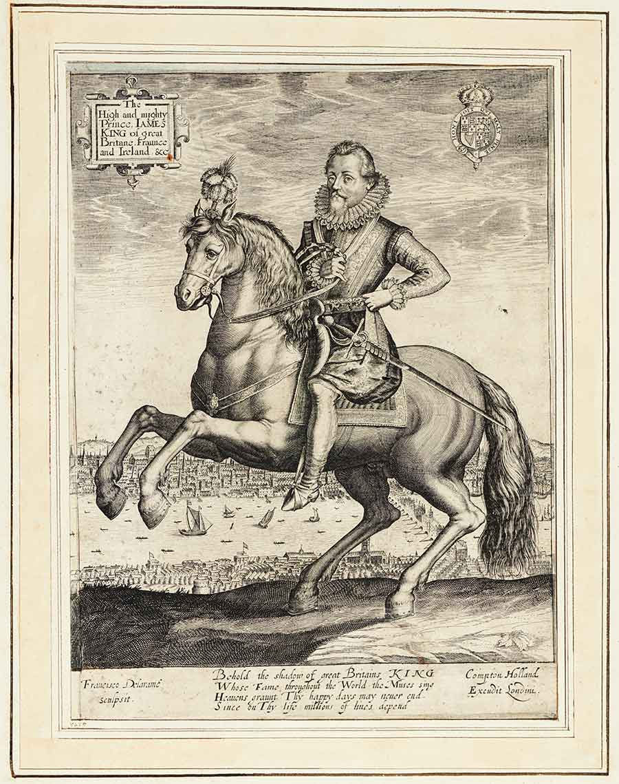 Engraving of James I on horseback with the City of London behind him, from Biographical History of England, from Egbert the Great to the Revolution, 1769, extra-illustrated by Richard Bull (1725–1806). The Huntington Library, Art Collections, and Botanical Gardens.