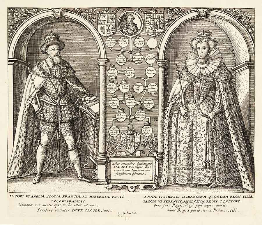 Engraving of James I and his spouse, Anne of Denmark, from Biographical History of England, from Egbert the Great to the Revolution, 1769, extra-illustrated by Richard Bull (1725–1806). The Huntington Library, Art Collections, and Botanical Gardens.