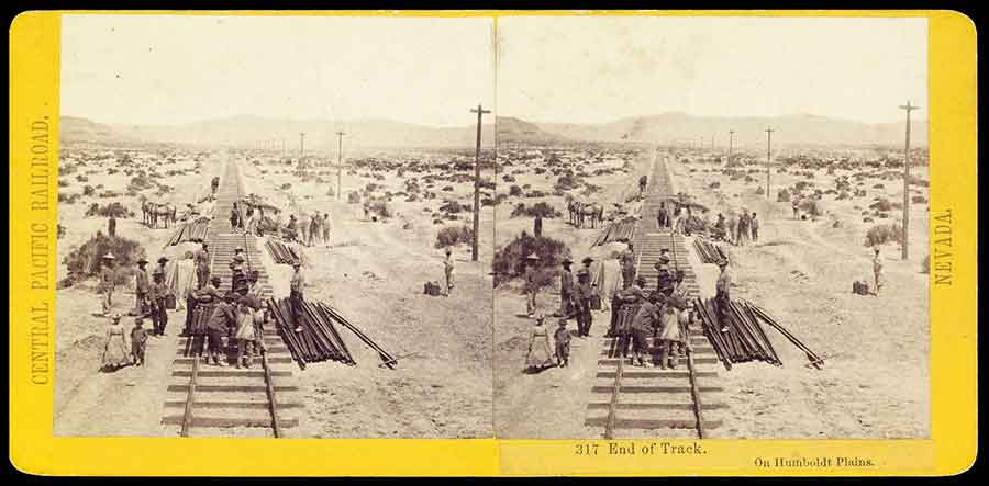Chinese work crews provided the indispensable muscle for the backbreaking labor of building the Central Pacific Railroad, as seen in this stereograph by A. A. Hart. The Huntington Library, Art Collections, and Botanical Gardens.