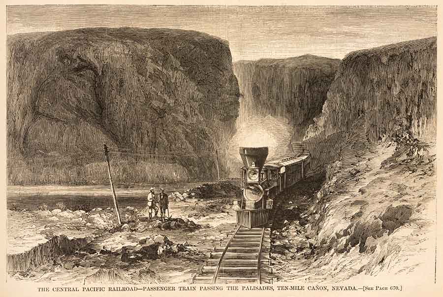 Progress in its construction brought the Central Pacific through the desolate reaches of northeastern Nevada’s Ten-Mile Canyon, as seen in this Harper’s Weekly engraving. The Huntington Library, Art Collections, and Botanical Gardens.