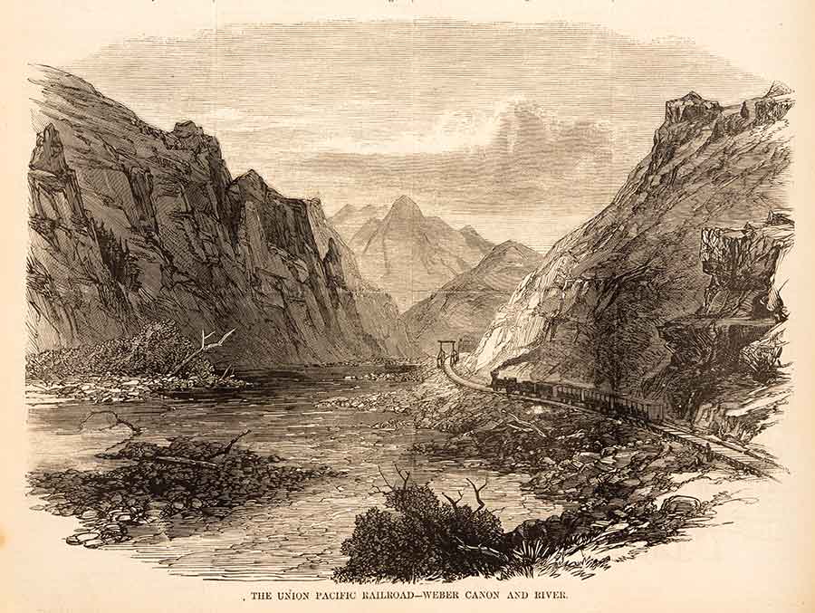 As construction of the Union Pacific’s route approached Utah Territory, the railroad’s workers battled the peaks and canyons of the Wasatch Mountains on their way to Promontory Summit, as seen in this Harper’s Weekly engraving. The Huntington Library, Art Collections, and Botanical Gardens.