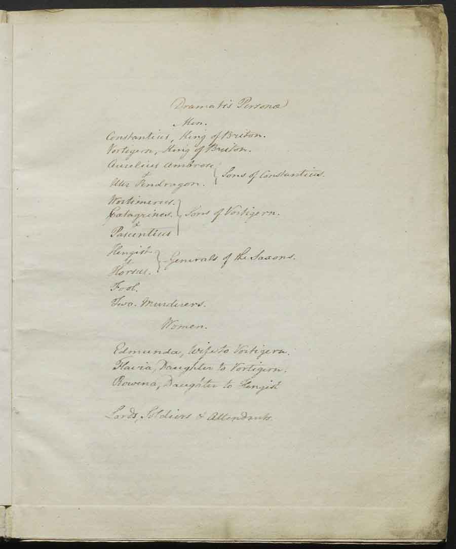 Dramatis personae from Vortigern, officially approved script submitted to Examiner of Plays John Larpent, February 2, 1796. The Huntington Library, Art Museum, and Botanical Gardens.