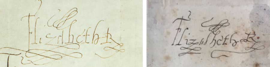 Left: Queen Elizabeth I’s signature, October 20, 1573. Right: William Henry Ireland’s forgery of Queen Elizabeth I’s signature. The Huntington Library, Art Museum, and Botanical Gardens.