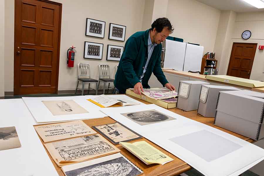 Artist, designer, writer, and educator Rosten Woo has been delving into the papers of Robert V. Hine (1921–2015), a scholar of the American West whose research focused on early utopian settlements in California. Photo by Kate Lain.