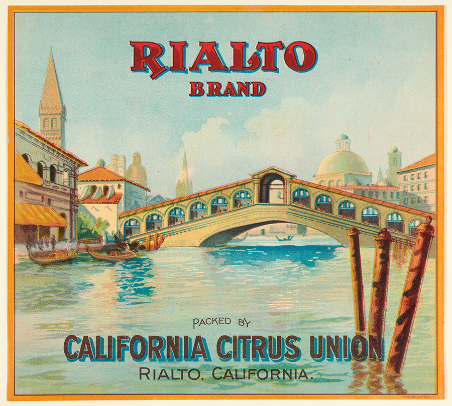 Mutual Label & Lith. Co. (American, 1899–1906), Rialto Brand Citrus Crate Label, 1900–1906, lithograph. The Jay T. Last Collection of Graphic Arts and Social History. The Huntington Library, Art Collections, and Botanical Gardens.