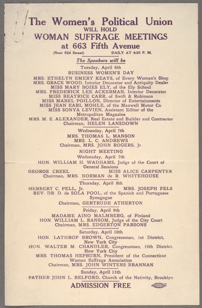Women’s Political Union flyer, 1915. Levien was one of the featured speakers on the businesswomen’s day of a “woman suffrage meeting” hosted by the Women’s Political Union, April 6, 1915. Women achieved the right to vote in the United States in 1919. The Huntington Library, Art Museum, and Botanical Gardens.