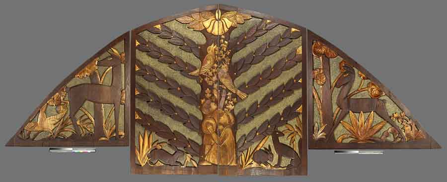 Sargent Claude Johnson, Screen, 1937, 105 x 264 x 2 in. (266.7 x 670.6 x 5.1 cm.), carved, gilded, and painted redwood. Purchased with funds from the Art Collectors’ Council, the Connie Perkins Endowment, and the Virginia Steele Scott Acquisition Fund for American Art in honor of George Abdo and Roy Ritchie. The Huntington Library, Art Collections, and Botanical Gardens.