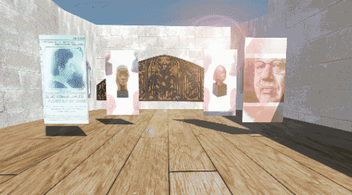 An animation that shows the first gallery of a virtual reality exhibition. In the background is a 3D model of the Sargent Johnson panel that is located at Berkeley; students digitized historical items (yearbook materials, WPA photos, and census data) related to the California School for the Deaf and Blind to help contextualize the object.